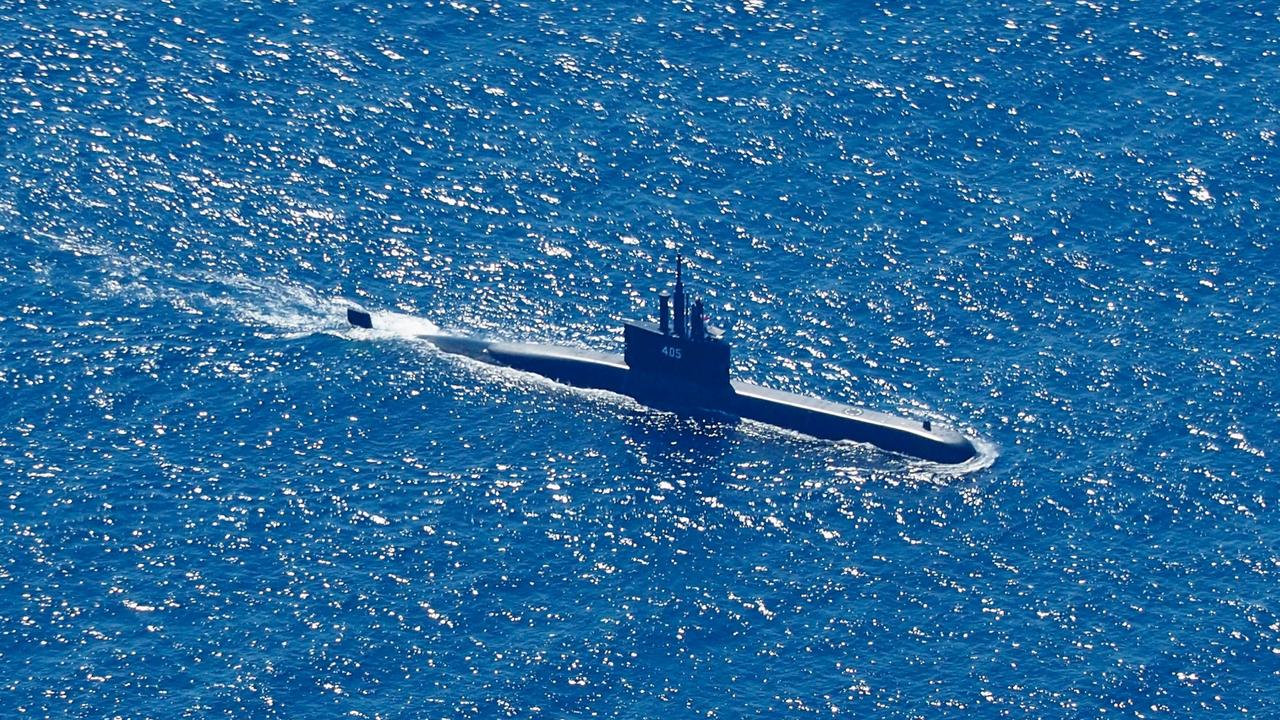 An aerial photo shows Indonesian Navy submarine KRI Alugoro sailing on a search mission for KRI Nanggala. Picture: EPA/Eric Ireng