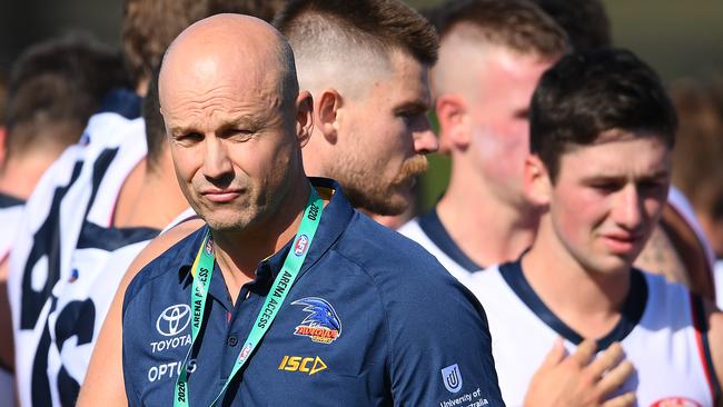 Matthew Nicks coaching Adelaide during the Marsh Community Series. Picture: Quinn Rooney/Getty Images