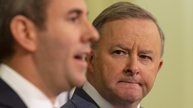 Opposition leader Anthony Albanese looks on as Shadow Treasurer Jim Chalmers speaks. Picture: AAP Image/Daniel Pockett