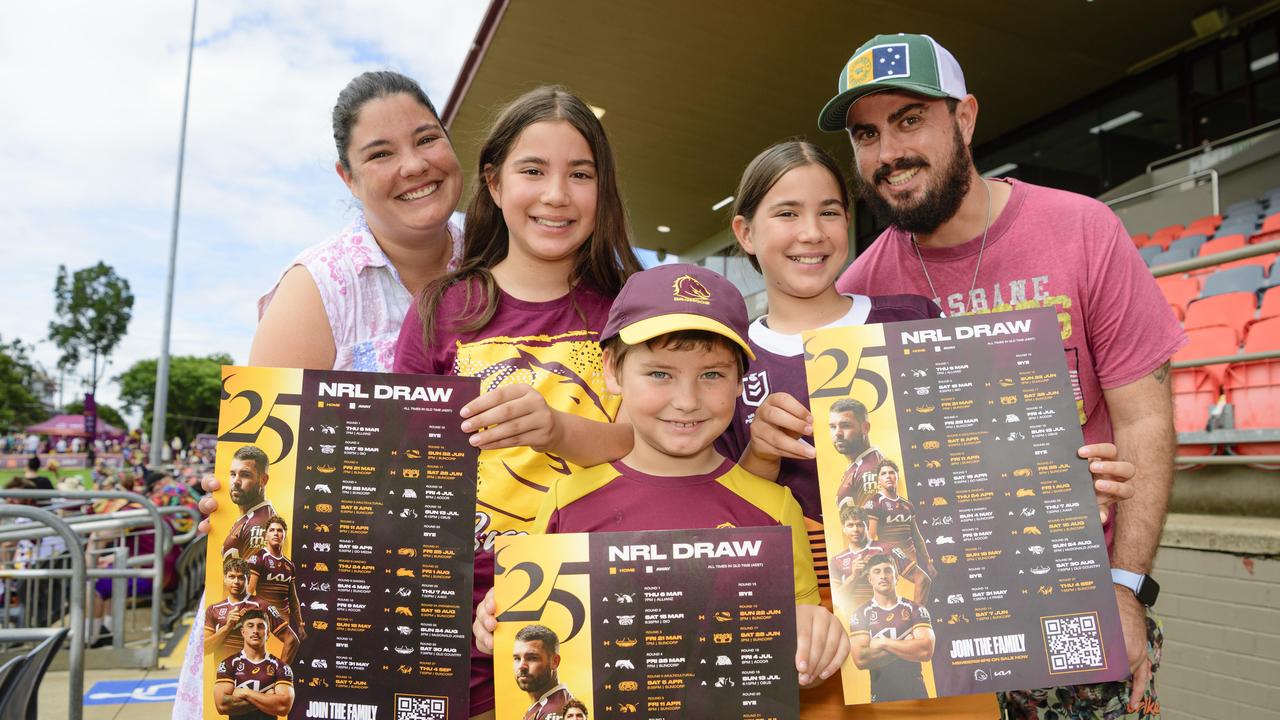 Victoria and Hayden Boylett with their kids (from left) Elayna, Jameson and Rosaleen at the Brisbane Broncos Captain's Run and Toowoomba Fan Day at Toowoomba Sports Ground, Saturday, February 15, 2025. Picture: Kevin Farmer