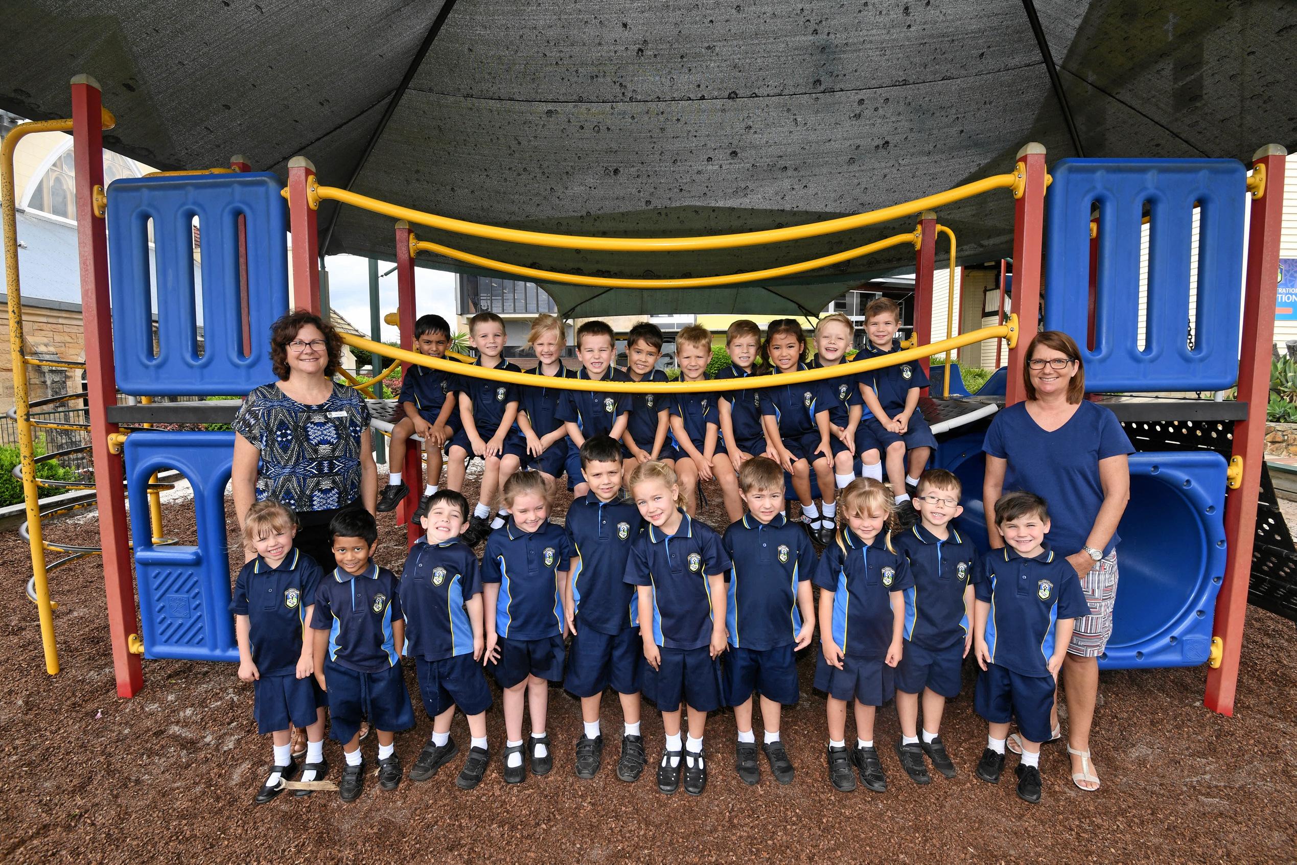 St Patricks Primary - L-R: Teacher, Mrs Kay Fogarty; Teacher Assistant, Mrs Debbie NolanBack Row L-R (sitting):Christes Binu, Alex Hughes, Hailee Ball, Dorian Gilkes, Landon Day, Cooper Corbet, Hayden Rose, Aticha Woodrow, Chase Monk, Beau HildebrandtFront Row L-R (standing):Mrs Kay Fogarty, Imogen Adriaans, Joshua Joseph, Connor Moran, Layla Post, Ty-Rhys Taylor, Clancie Garrett, Deagan Tryhorn, Lucy Heaton-New, Declan Warren, Archer Osborn, Mrs Debbie Nolan. Picture: Troy Jegers