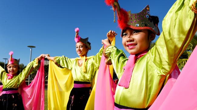 Claudya Chairul, 9, Akeysha Newall, 11, and Gladisya Chairul, 9, danced at the Pesona Indonesia festival celebrating Indonesian culture at the Darwin Waterfront in 2015.