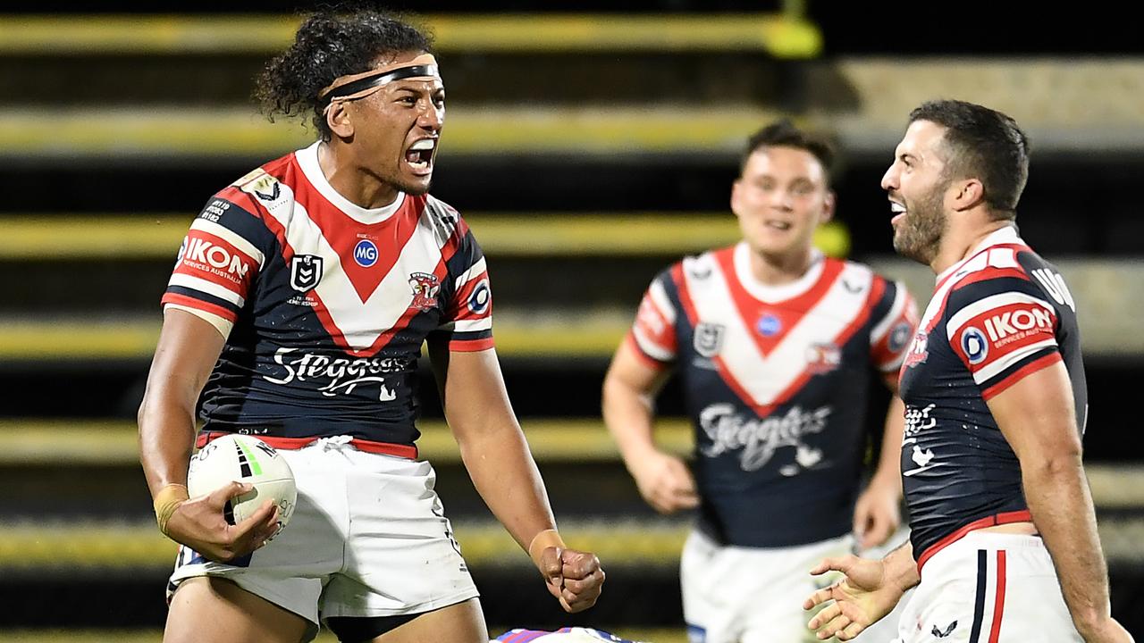 Sitili Tupouniua celebrates a try in the Roosters’ 28-8 win over the Newcastle Knights.