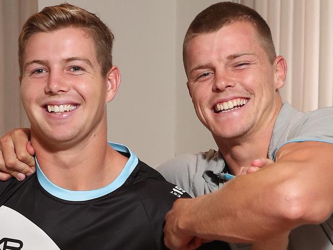 Cronulla Sharks Brailey brothers Jayden and Blayke at home in Caringbah, Sydney. Picture: Brett Costello