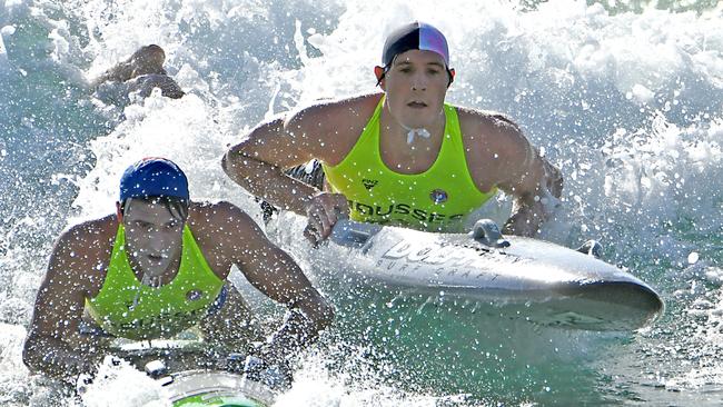 Former Sydney Swan Kurt Tippett competing in the Masters competition at the Australian surf lifesaving championships on the Gold Coast. Pic: HarvPix