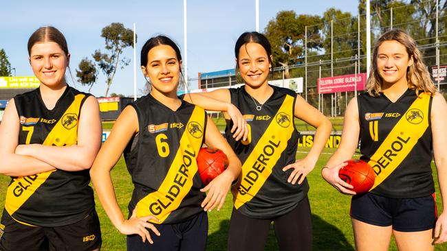 SANFL Development Leagues under-14 and under-16 Glenelg players Bonnie Harkness, Tanisha Gowland, Shondelle Gowland and Mia Morris. Picture: Morgan Sette