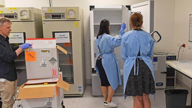 A batch of 4000 Pfizer doses are placed in the freezer at the Royal Adelaide Hospital. Picture: Tom Huntley