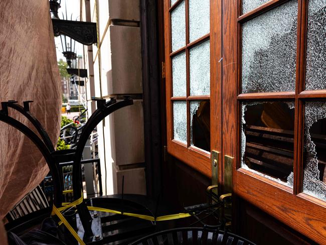 Damage to windows of a door at Hamilton Hall is seen at Columbia University. The protesters said they plan to remain at the hall until the university concedes to three demands: divestment, financial transparency and amnesty. Picture: AFP