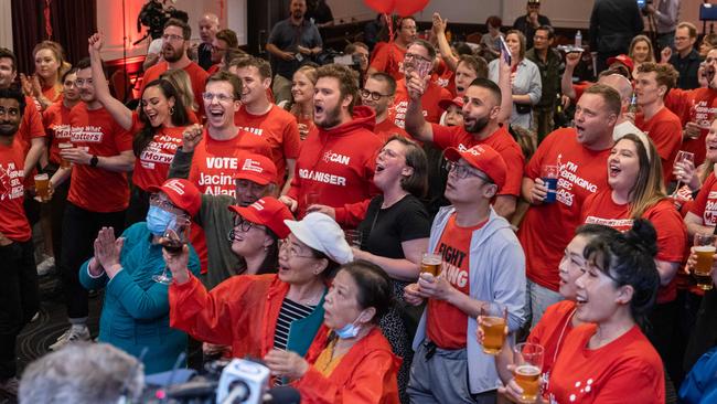 Daniel Andrews’ supporters celebrate at the Labor Party headquarters. Picture: Jason Edwards