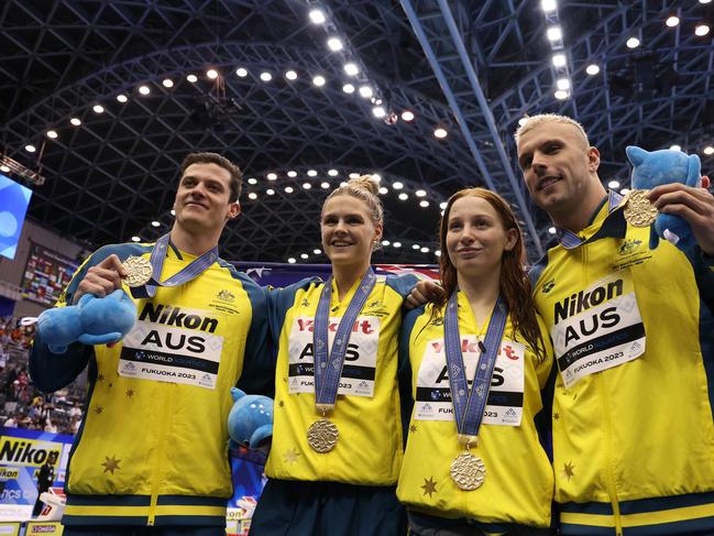 FUKUOKA, JAPAN - JULY 29: Gold medallists Jack Cartwright, Kyle Chalmers, Shayna Jack and Mollie O'Callaghan of Team Australia pose in the Mixed 4 x 100m Freestyle Relay Final on day seven of the Fukuoka 2023 World Aquatics Championships at Marine Messe Fukuoka Hall A on July 29, 2023 in Fukuoka, Japan. (Photo by Sarah Stier/Getty Images)