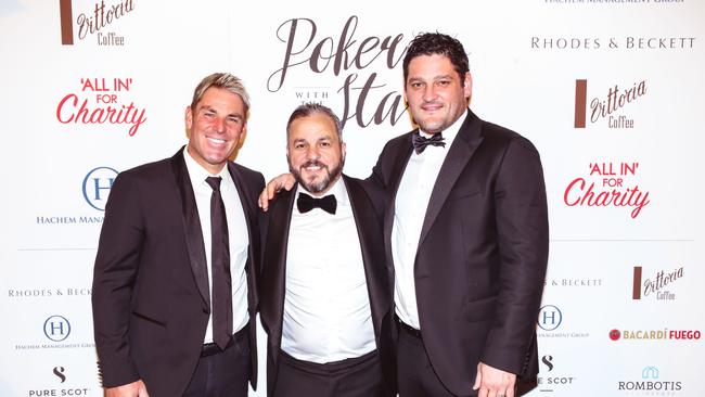 Shane Warne, Tony Hachem and Brendan Fevola at the Poker With The Stars celebrity poker night IN 2016. Picture: Rosanna Faraci