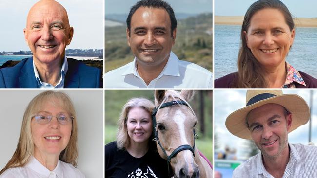 Six of the candidates standing for the seat of Coffs Harbour in the 2023 NSW state election (clockwise from top left). Tony Judge, Gurmesh Singh, Sally Townley, Tim Knott, Kellie Pearce and Ruth Cully.