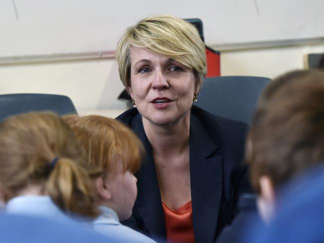 Deputy Opposition Leader Tanya Plibersek speaks to students at Whittington Primary School after they sang the song I am Australian and brought her to tears. Plibersek was in Geelong on Thursday to announce Federal Labor pledge to splash $22 million on Geelong schools over three years. Picture: Alan Barber