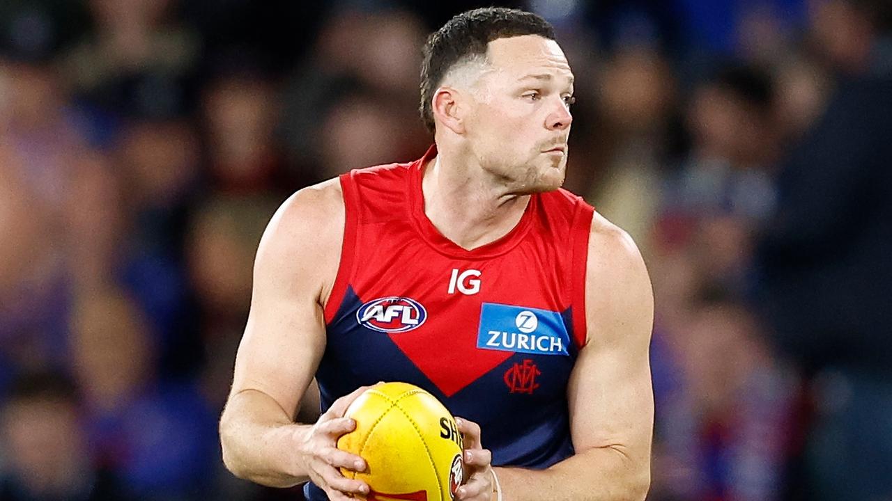 MELBOURNE, AUSTRALIA - AUGUST 02: Steven May of the Demons in action during the 2024 AFL Round 21 match between Footscray and the Melbourne Demons at Marvel Stadium on August 02, 2024 in Melbourne, Australia. (Photo by Michael Willson/AFL Photos via Getty Images)