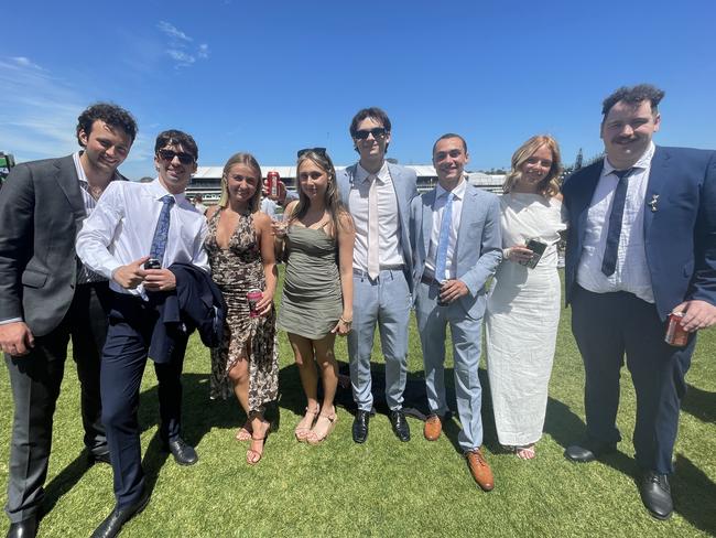 Jayden Newton, Georgia Bond, Madison Bond, Knedd Hogan, Taylor Salmon, Riley Mulhul, James Martin and Eliza Saisanas at the 2024 Oaks Day. Picture: Himangi Singh.