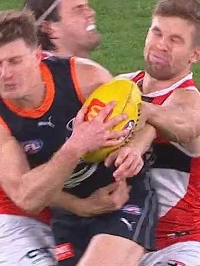 A front on view of the frightening head clash. Picture: Fox Footy