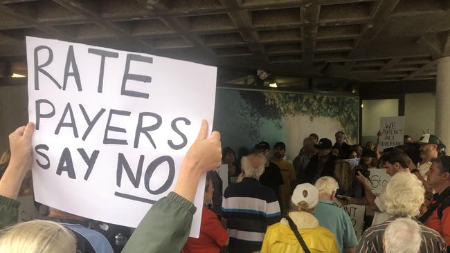 Rate payers at Northern Beaches Council protest over proposed rate increases. Picture: Supplied.