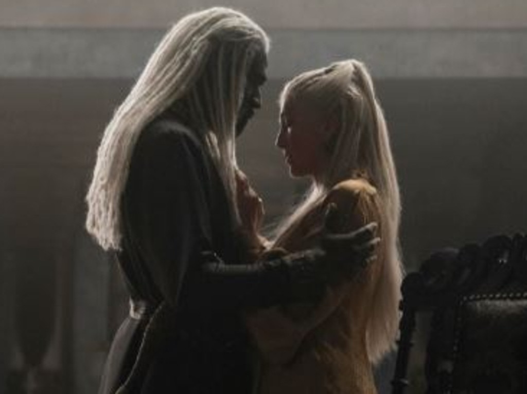 Eve Best plays Princess Rhaenys Targaryen, pictured here with Steve Toussaint (Corlys Velaryon). Picture: HBO