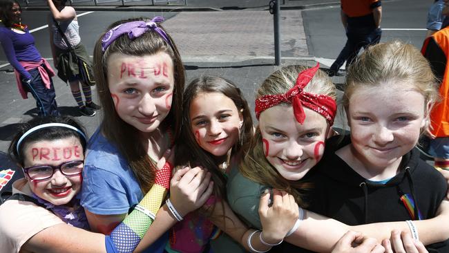 At the Pride Parade are Campbell St Primary girls, from left, Ruby Harrison-Buzzacott, Maggie Staines, Kiora Hogan, Ada Harrison-Burnett and Meiren Swift. Picture: KIM EISZELE