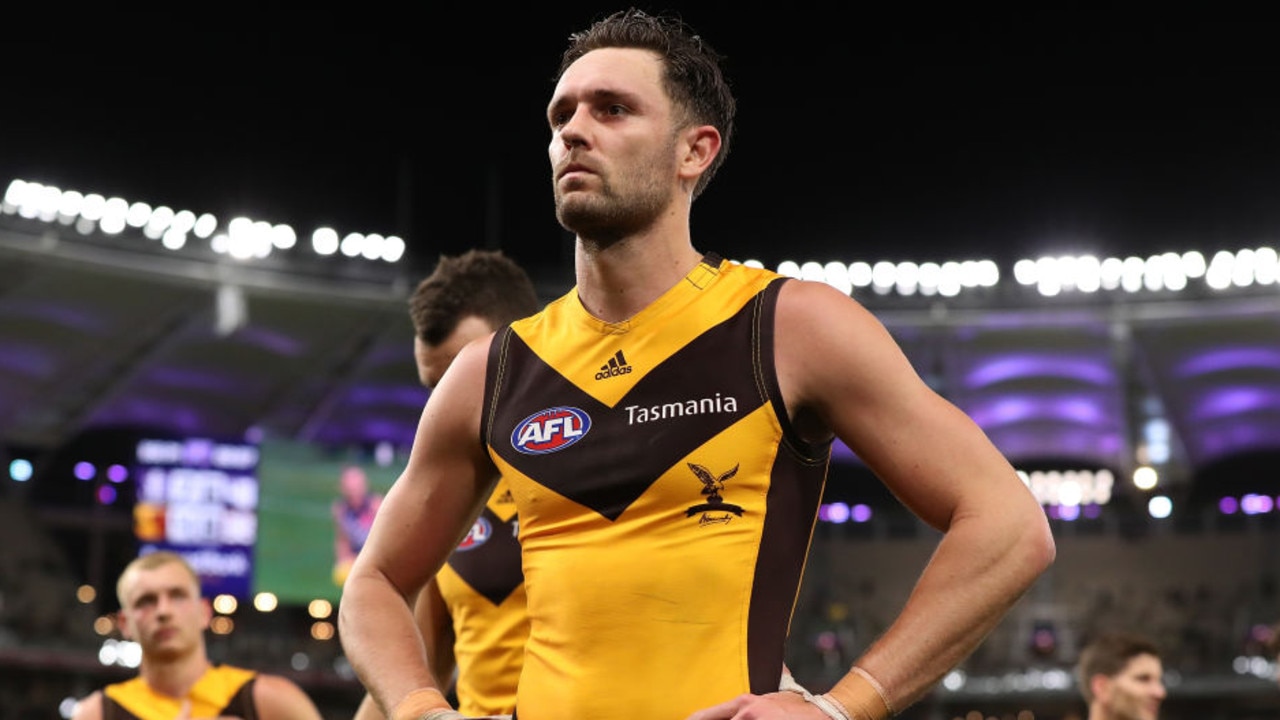 PERTH, AUSTRALIA - AUGUST 10: Jack Gunston of the Hawks walks from the field after being defeated during the round 11 AFL match between the Fremantle Dockers and the Hawthorn Hawks at Optus Stadium on August 10, 2020 in Perth, Australia. (Photo by Paul Kane/Getty Images)