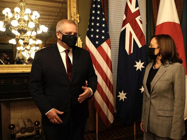 Prime Minister Scott Morrison attends the Eisenhower Executive Building in Washington DC for the QUAD leaders meeting with US Vice President Kamala Harris. Picture: Adam Taylor via PMO