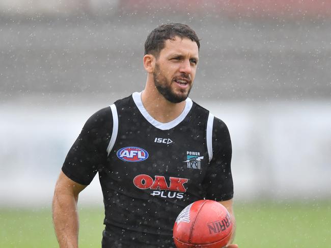 Travis Boak of the Power is seen during a training session at Alberton Oval in Adelaide, Thursday, May 9, 2019. (AAP Image/David Mariuz) NO ARCHIVING