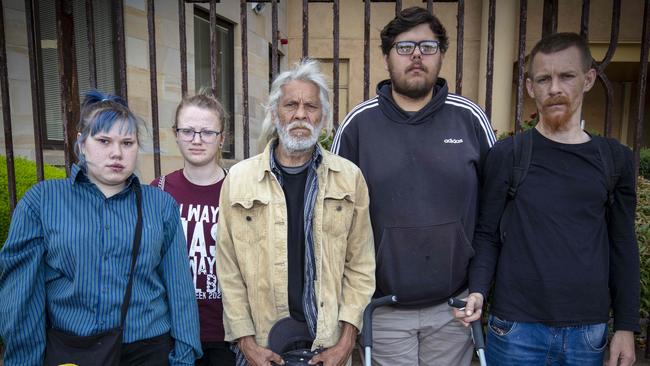 Relatives of Zhane – Tanisha Chilcott (sister), Sarah Thompson (stepsister), Keith Chilcott-Singpoo (father), Graham Chilcott (brother), Leigh Stieer (brother) at the inquest into Zhane's death by suicide while in care. Coroner's Court of South Australia. Picture: Emma Brasier.