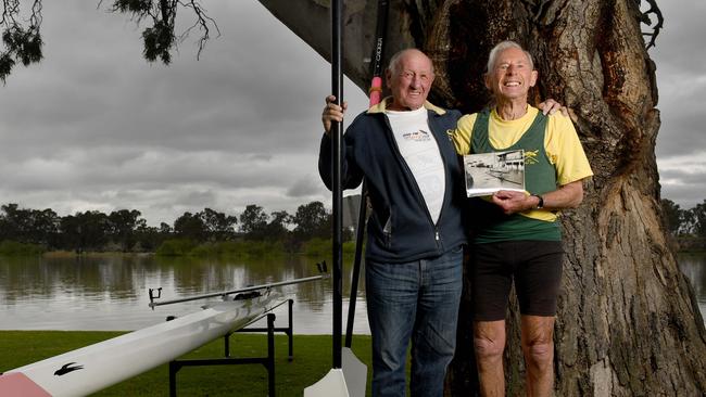 John Banks (right), pictured with friend Neil Bormann whose Bakery was flooded in '56 near the Mannum Rowing club on Mary Ann Reserve on the river in Mannum. Photo Naomi Jellicoe