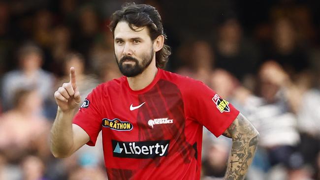 MELBOURNE, AUSTRALIA - JANUARY 07: Kane Richardson of the Renegades celebrates the wicket of Zak Crawley of the Hurricanes during the Men's Big Bash League match between the Melbourne Renegades and the Hobart Hurricanes at Marvel Stadium, on January 07, 2023, in Melbourne, Australia. (Photo by Darrian Traynor/Getty Images)