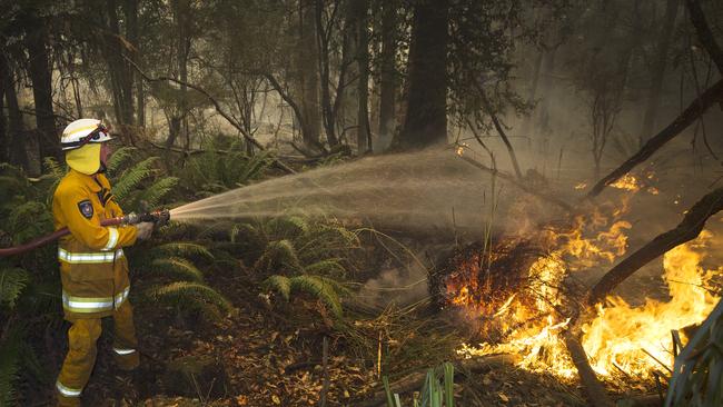 A Geeveston volunteer firefighter extinguishes a spot fire west of Geeveston. Picture: CHRIS KIDD