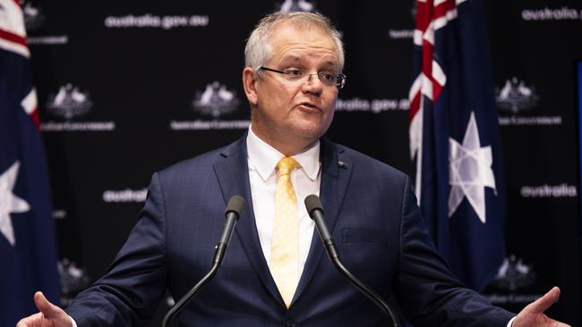 Prime Minister Scott Morrison speaks at a press conference following National Cabinet at Parliament House on Tuesday in Canberra.