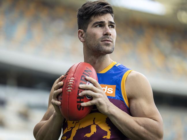 Brisbane Lions player Marcus Adams poses for a photograph during a media opportunity at the Gabba in Brisbane, Tuesday, Aug 27, 2019. (AAP Image/Glenn Hunt) NO ARCHIVING