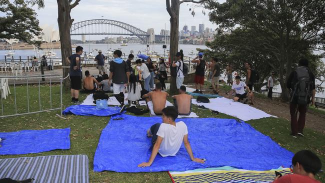 One of the best views around the harbour: Revellers get in early at Mrs Macquarie's Chair. Picture: Dylan Robinson