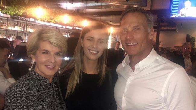 Ms Wilkinson suggested Julia Bishop wouldn’t “play ball”. Brittany Higgins is pictured with Ms Bishop and her then-boyfriend David Panton