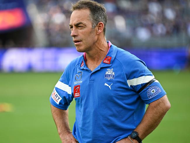 PERTH, AUSTRALIA - MARCH 25: Alastair Clarkson, Senior Coach of the Kangaroos looks on during the 2023 AFL Round 02 match between the Fremantle Dockers and the North Melbourne Kangaroos at Optus Stadium on March 25, 2023 in Perth, Australia. (Photo by Daniel Carson/AFL Photos via Getty Images)