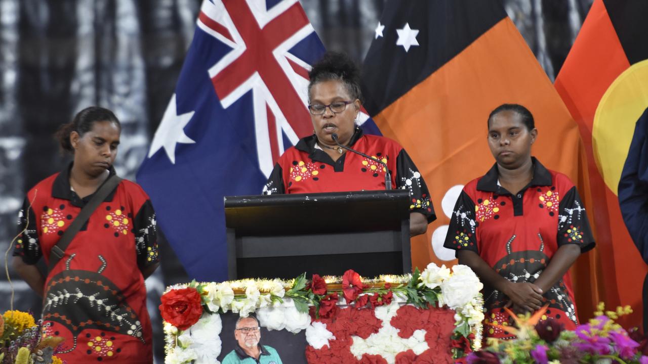 Larrakia woman Lynette Fejo gives a Welcome to Country at the state funeral for Dr Bush Blanasi on Friday, December 15.