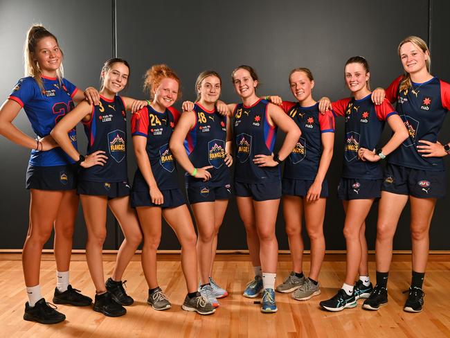 Eastern Ranges players Isabelle Khoury (fourth from left) and Bridget Deed (fifth from left) during the 2021 NAB League Girls Testing Day. Picture: Mark Jesser