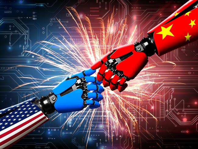 31 January 2025; USA and China robotic fists fight for emergence AI technology. Sources: Adobe Stock, Pixabay and Pexels. Artwork by Frank Ling. For PRINT.