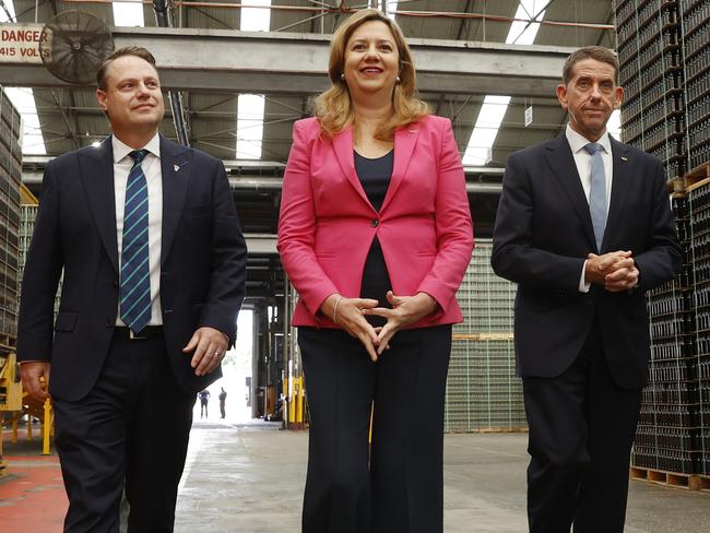 Then premier Annastacia Palaszczuk with treasurer Cameron Dick (right) and Lord Mayor Adrian Schrinner at the Visy facility in 2022