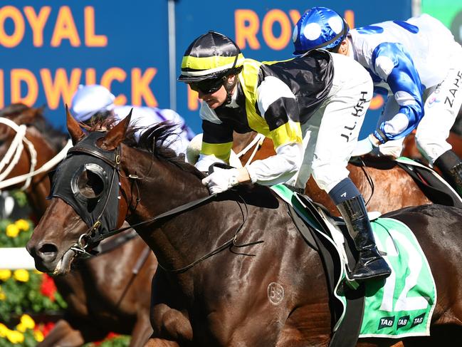 SYDNEY, AUSTRALIA - APRIL 06: Jamie Kah riding  Good Banter wins Race 4 Adrian Knox Stakes during Sydney Racing at Royal Randwick Racecourse on April 06, 2024 in Sydney, Australia. (Photo by Jeremy Ng/Getty Images)