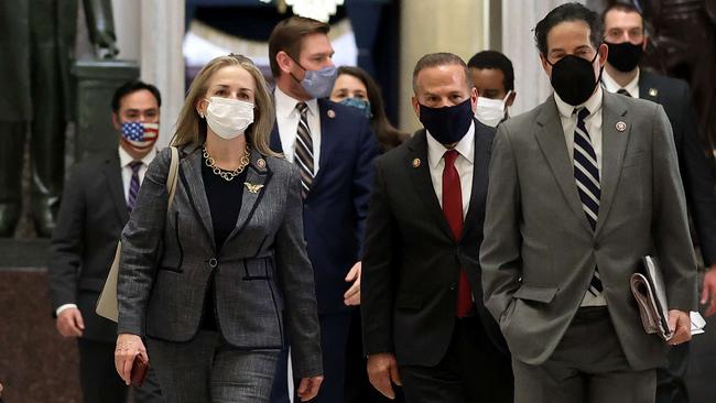 Impeachment managers Madeleine Dean, David Cicilline and Jamie Raskin walk through the Capitol ahead of the trial. Picture: Getty Images.