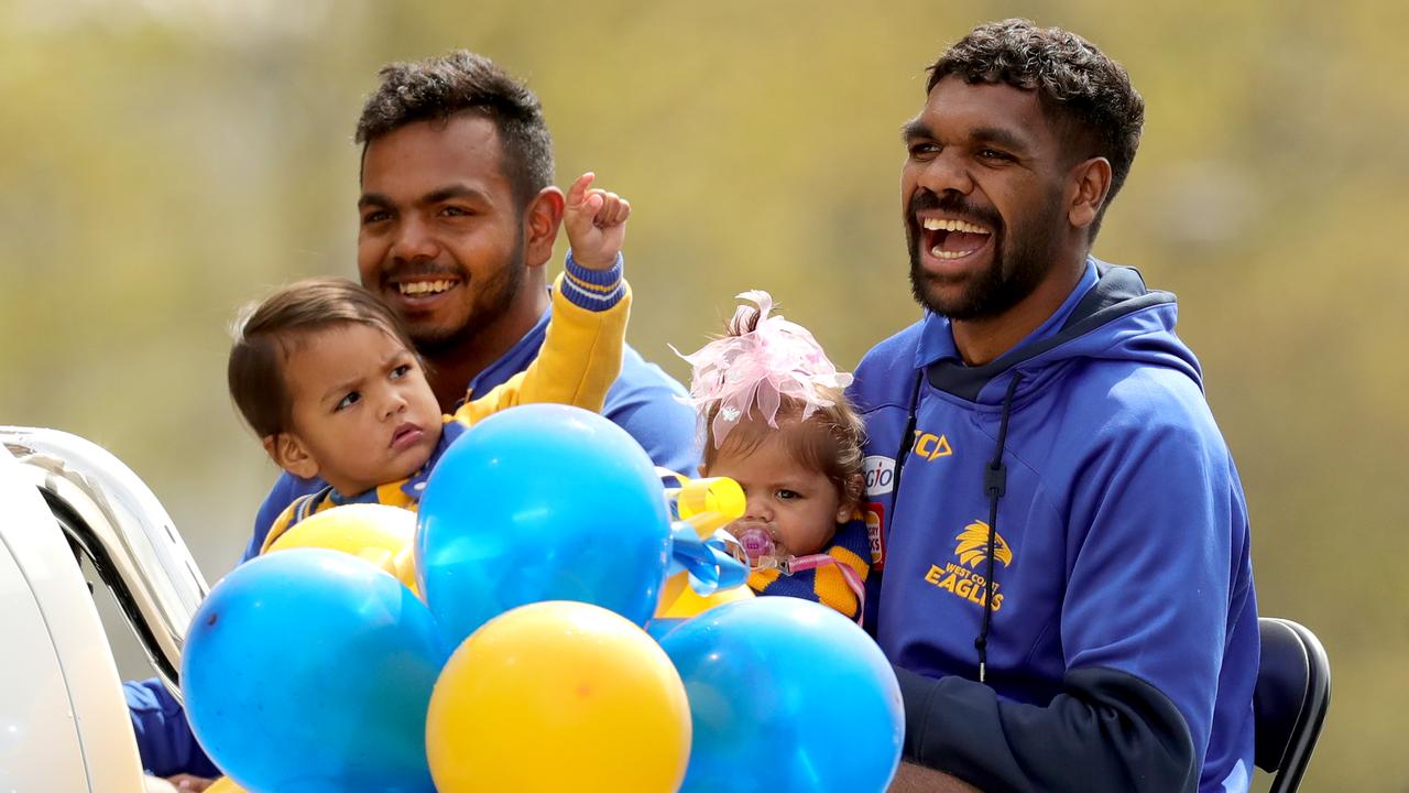 Willie Rioli and Liam Ryan are two of several fathers that will be representing the West Coast Eagles against Essendon. Picture: Stuart McEvoy (The Australian)