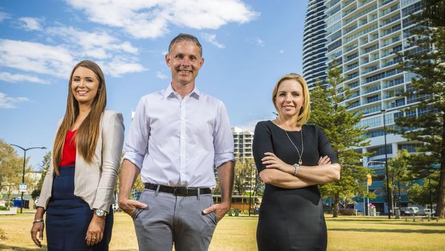 Labor’s three big hopefuls for the Gold Coast — Meaghan Scanlon in Gaven, Rowan Holzberger in Bonney and Georgi Leader in Currumbin. Photo: Glenn Hunt / The Australian