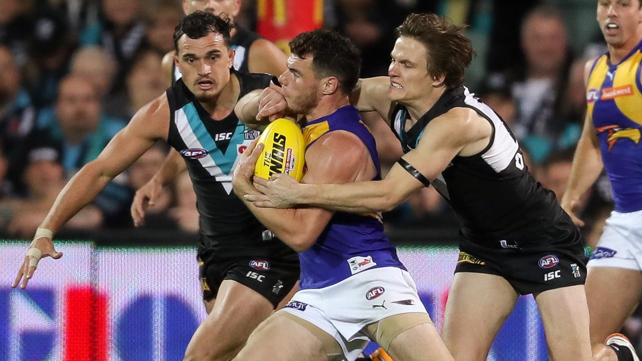 Luke Shuey now admits he ducked into this free kick at the end of West Coast and Port Adelaide’s 2017 elimination final. (Photo by AFL Media/Getty Images)