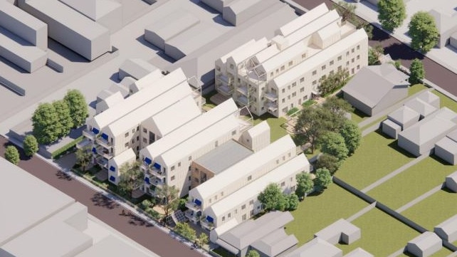 Aerial render of the apartment buildings on Autumn and Hope St in Geelong West. Picture: Up Property