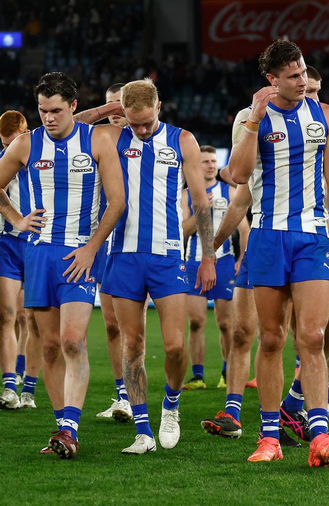 The Kangaroos look dejected after a loss to Collingwood. Picture: Michael Willson/AFL Photos via Getty Images.