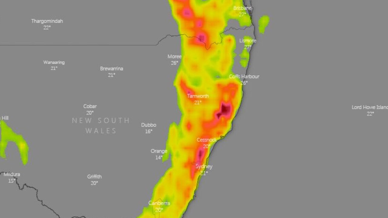 A huge field of thunderstorms hovering over NSW. Picture: Windy.