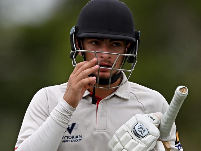 EssendonÃs Farzan Chowna after being dismissed during the Victorian Premier Cricket Northcote v Essendon match at Bill Lawry Oval in Northcote, Saturday, Feb. 25, 2023.Picture: Andy Brownbill