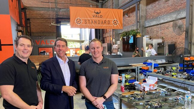 Queensland Treasurer Cameron Dick with VALD co-founders chief executive Laurie Malone and chief strategy officer Sam James. Picture: Queensland government