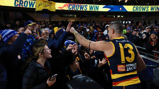 ADELAIDE, AUSTRALIA - JUNE 29: Taylor Walker of the Crows celebrates their win during the 2024 AFL Round 16 match between the Adelaide Crows and the GWS GIANTS at Adelaide Oval on June 29, 2024 in Adelaide, Australia. (Photo by James Elsby/AFL Photos via Getty Images)